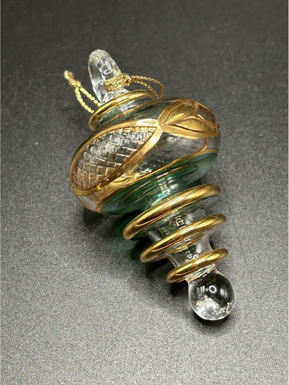 Vintage Rare Shaped Egyptian Green and Gold Etched Ornament 1990’s EUC